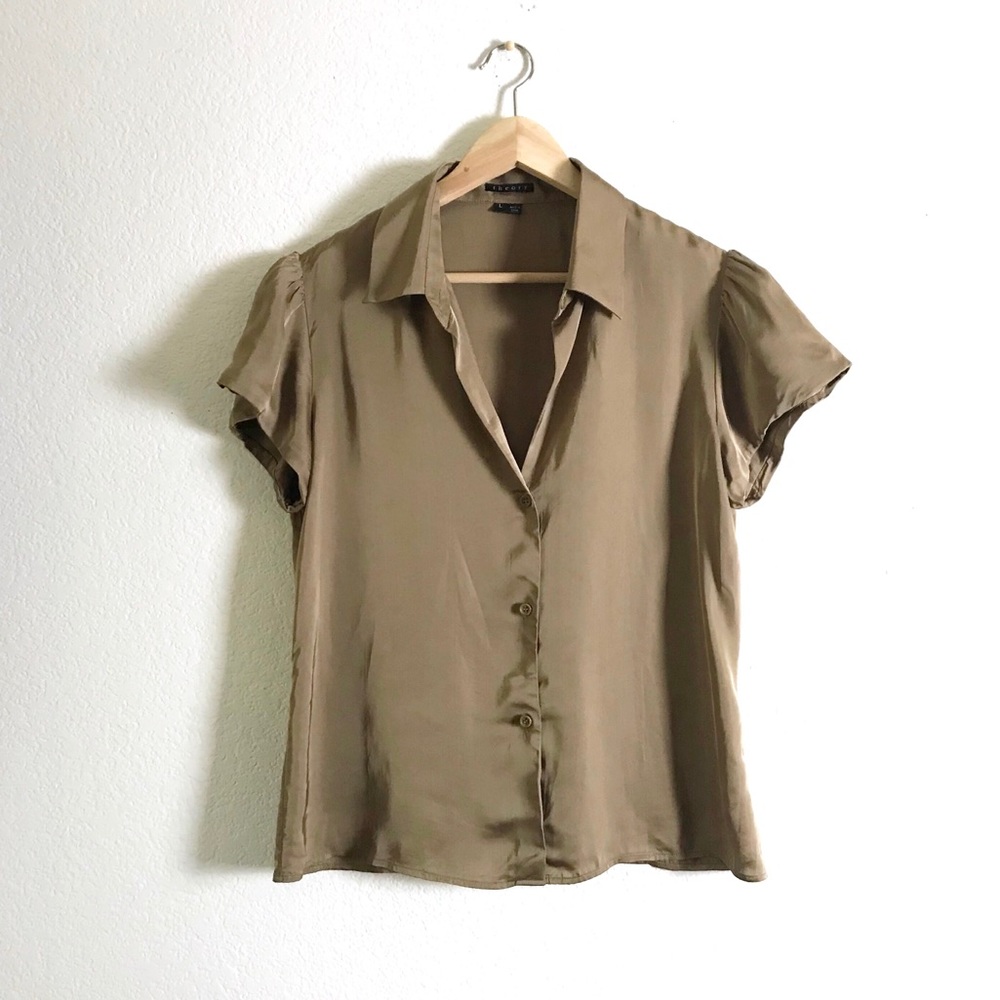 Theory Olive Satin Cap Sleeve Elida Blouse